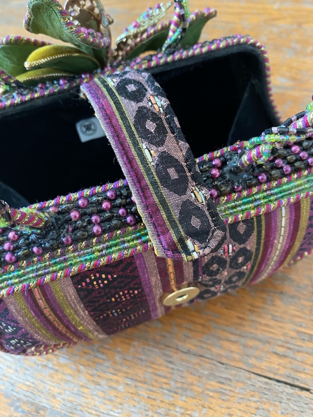Mary Frances Hand Beaded 3D Floral Handle Evening Bag in Purple & Green - Picture 8 of 10